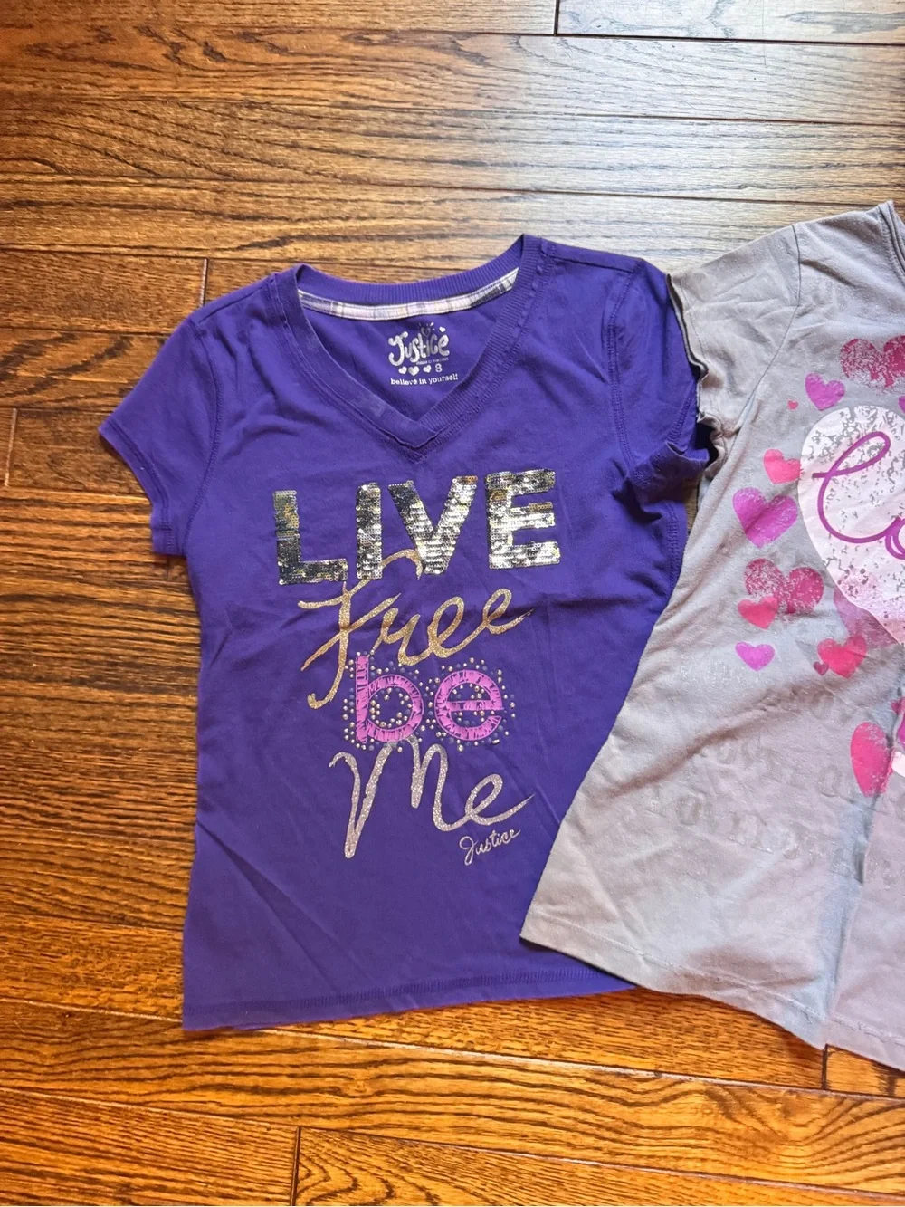 Justice Purple and Gray Short Sleeve Love Graphic Tees